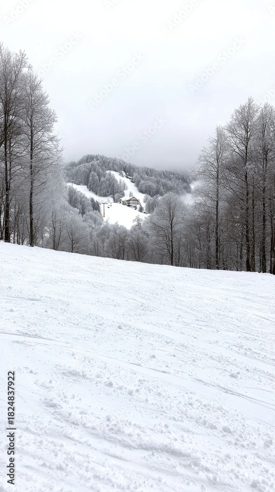 Fototapeta premium Snow blankets the mountains, while a soft fog covers the valley below, creating a peaceful winter scene in nature