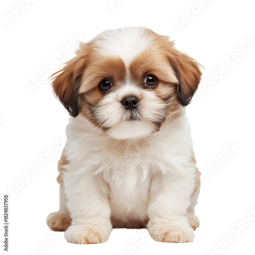 Cute Brown and White Puppy Sitting Calmly Indoors With Fluffy Fur and Big Eyes