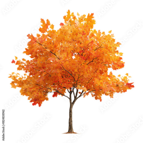 A large tree with orange leaves is standing alone on a white background