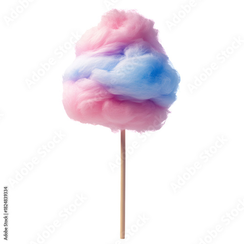 Sweet Cotton Candy Treat in Vibrant Pink and Blue Colors on a Wooden Stick at...