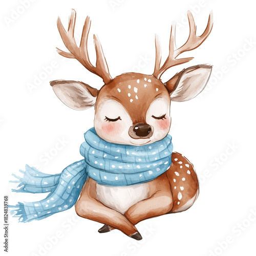 Cute Deer Wearing a Cozy Blue Scarf Sits Peacefully in a Relaxed Pose