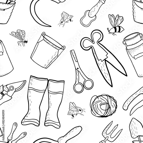 Hand-drawn seamless. black and white vector pattern featuring gardening tools: pruners, gloves, boots, buckets, trowels, little bees. for colouring books, textile, print.