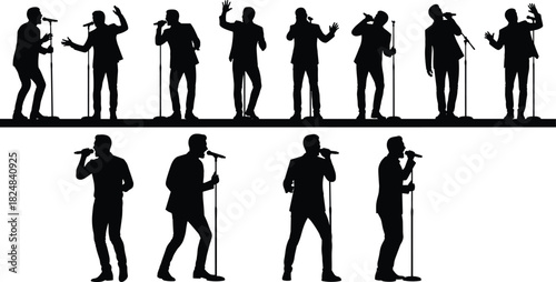 Silhouette singers and performers vector collection, dynamic black figures on stage, live music entertainment graphic asset, concert performance illustration, show art.
