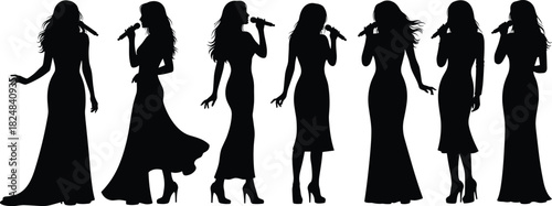 Seven Stylish Women Singers Silhouette Vector Graphic Performing Live on Stage with Microphones, Representing Music Concert, Entertainment, and Dynamic Artistic Performance Concept