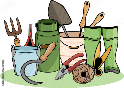 Bright vector illustration of essential gardening tools. shovel, fork, shears, rope, containers. Great for postcard, seed packets, gardening vlogs, sprint decor and eco-lifestyle branding.