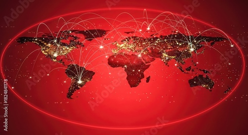 World map with glowing city lights and global connections on red background