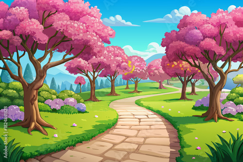 vector of A beautiful spring countryside path surrounded by pink trees creates an attractive and peaceful atmosphere.
