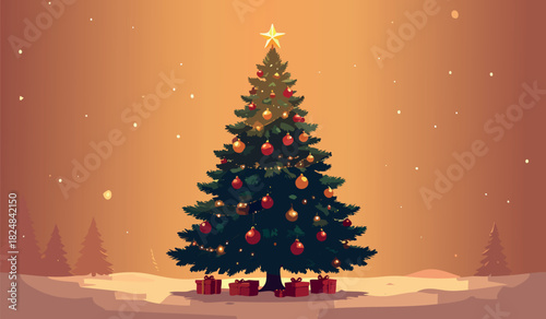 Christmas tree glowing in winter holiday scene