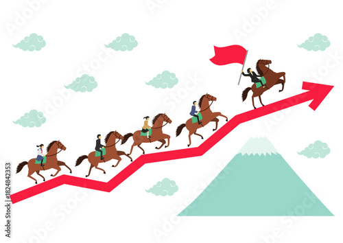 午年をイメージした矢印と富士山と先生と学生が乗った馬が走るイラスト_女性リーダー
