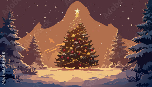 Christmas tree glowing in snowy mountain landscape at night
