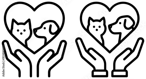Hands holding heart with cat and dog, symbolizing pet care, animal love, and companionship
