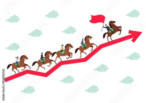 午年をイメージした先生と学生が乗った馬が矢印を走るイラスト_男性リーダー
