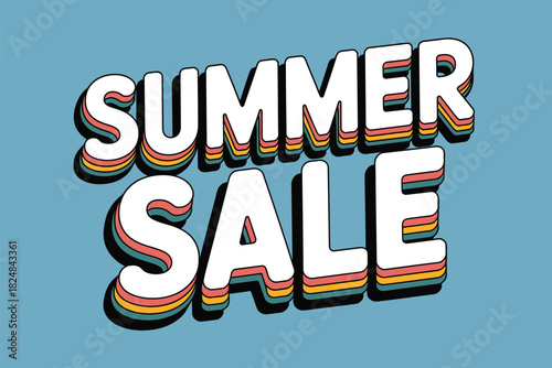 Bold, stylized text announces a 'SUMMER SALE' with colorful layered shadows against a solid blue background, representing a promotional event.