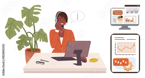 Professional using a headset at desk interacting with analytics on screen, graphs, and office tools. Ideal for customer service, analytics, business, communication, teamwork, productivity