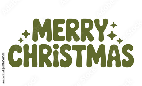 Green lettering spells out "Merry Christmas" with small star accents on a white background.
