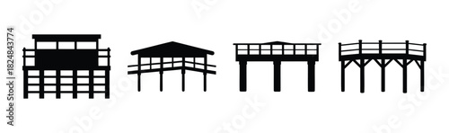 Various wooden piers and stilt houses silhouettes collection