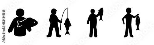 Fishermen silhouettes showing various fishing poses and catches