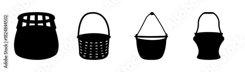 Four varied basket and bucket silhouette icons on white background