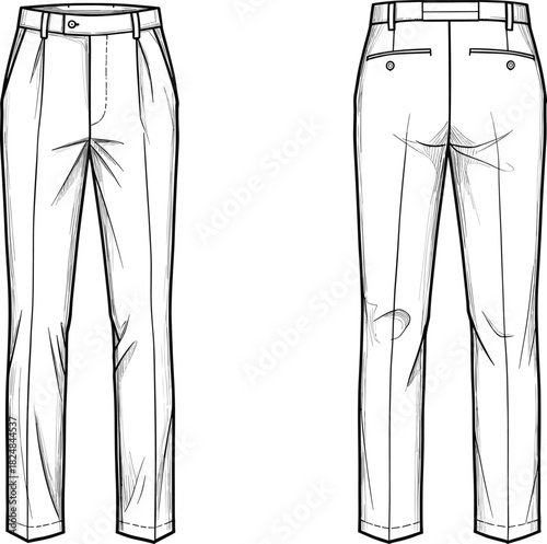 Men’s tailored trouser technical sketch front back view, fashion flat pants template, vector apparel design illustration