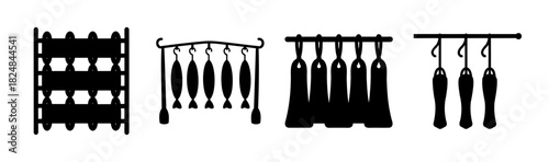 Food preservation silhouettes: hanging fish, cured meats, and racks