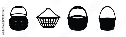 Variety of black silhouette basket and bucket icon shapes