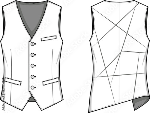 Mens tailored vest front and back flat sketch with asymmetrical hem buttons pockets fashion garment technical template