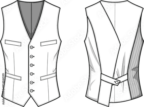 Mens tailored vest technical flat front and back view with adjustable belt elegant waistcoat fashion vector template, illustration