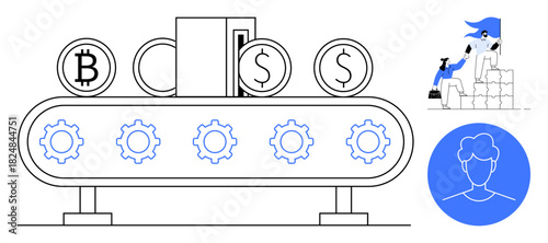 Bitcoin, dollar coins, and gears on a conveyor belt represent automation and financial operations. Person celebrating success atop stacked blocks suggests progress. Ideal for finance, cryptocurrency