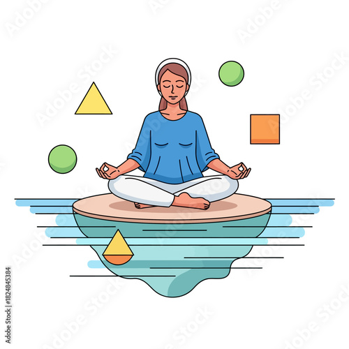 Young woman meditating in lotus pose on a calm floating island surrounded by tranquil water and balanced shapes, symbolizing peace and mindfulness.