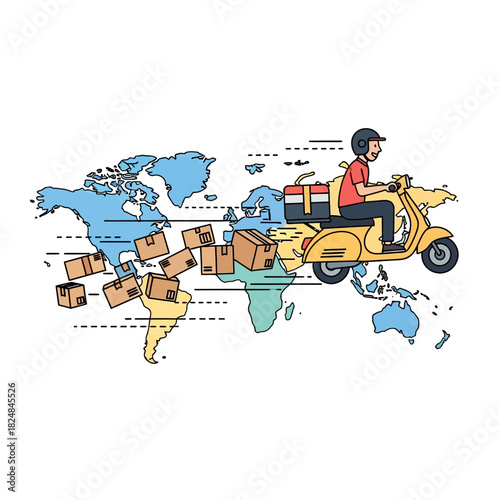 This flat 2D vector illustration depicts a courier on a fast-moving scooter speeding across a stylized world map, emphasizing rapid global delivery and logistics.