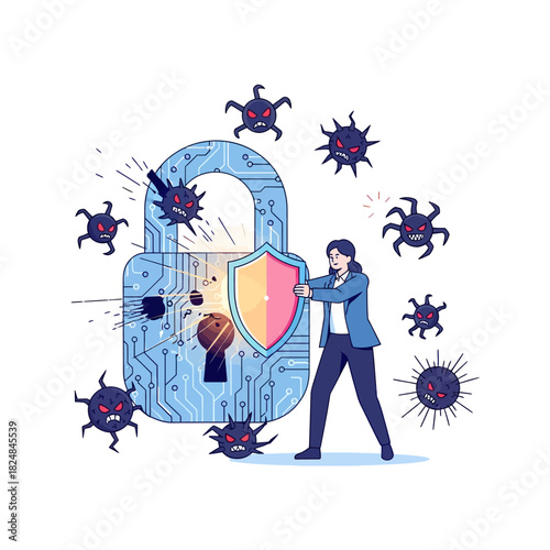 Cybersecurity expert uses a shield to protect a digital padlock and secure network firewall against an attack from malicious hacking bots in this vibrant flat vector illustration.
