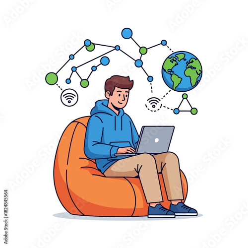Flat 2D vector illustration of a young man working remotely on a laptop while relaxing on a comfortable beanbag chair amidst digital connection symbols and a small stylized planet Earth.