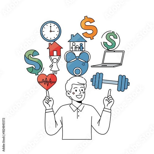 A cheerful figure balances symbols of work, home, time, and wellness, illustrating perfect mental equilibrium in a vibrant flat 2D style.