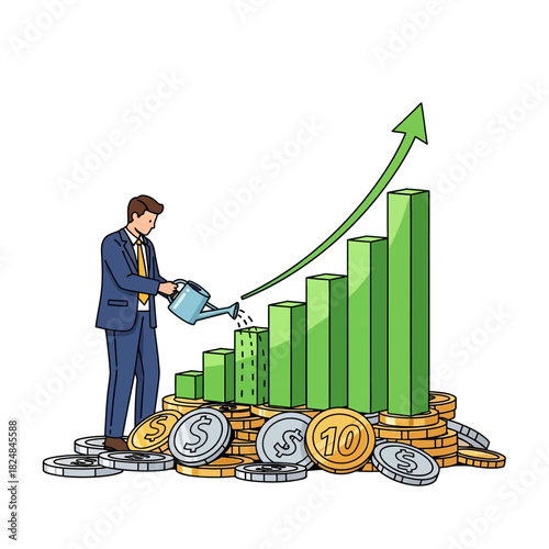 Financial analyst waters a growing bar graph rising from gold coins, symbolizing strategic investment growth and long-term financial planning.