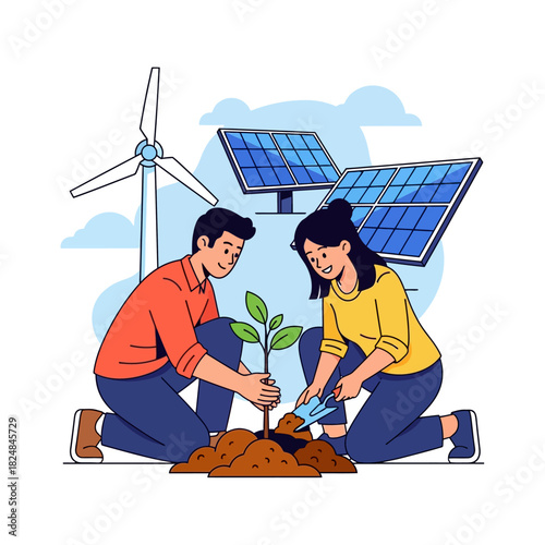 A young couple plants a green sapling in the soil near wind turbines and solar panels, a vibrant 2D flat vector illustration symbolizing sustainable energy and ecological preservation efforts.