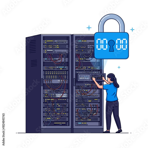 A female system administrator secures a massive data server rack, symbolizing cybersecurity and data protection with a giant hovering digital padlock in this flat 2D vector illustration.