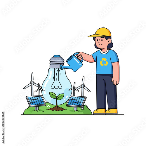 Vibrant 2D flat vector illustration featuring a character watering a small tree seedling planted inside a recycled lightbulb, surrounded by miniature solar panels and wind turbines.
