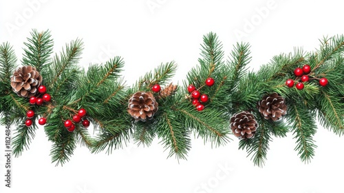 Festive Christmas Garland with Evergreen Branches and Red Berries on Transparent Background