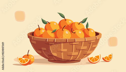Mandarin oranges in rustic bowl with slices mandarin orange basket lunar new year