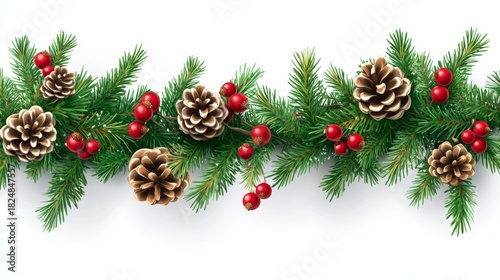 Festive Christmas Garland with Evergreen Branches and Red Berries on Transparent Background