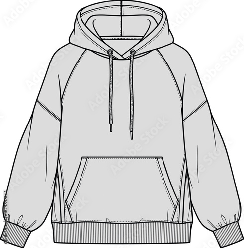 Oversized Hoodie Vector Flat Sketch, Technical Fashion Drawing for Apparel Design, Streetwear, and Urban Clothing