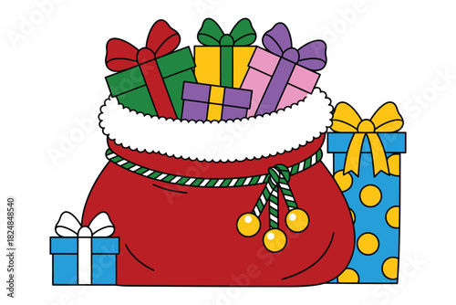 A large red sack overflowing with colorful Christmas presents, with additional wrapped gifts stacked beside it.
