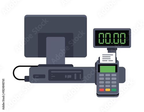 A computer monitor, cash register, and credit card reader are displayed on a white background, representing a point of sale system.