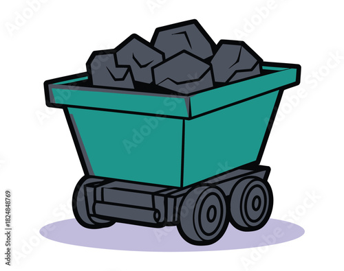 A teal mining cart is filled with large chunks of black coal, resting on a simple purple oval shape against a white background.