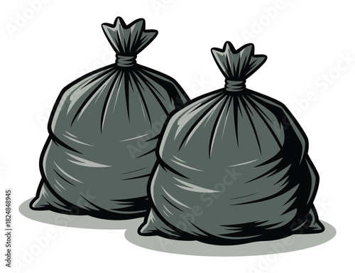 Two full black garbage bags are tied and ready for disposal against a white background.