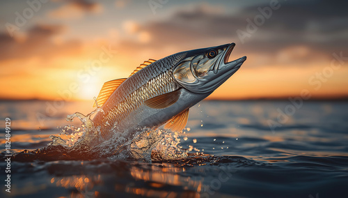 Dynamic close-up image of a fish leaping out of the water during a vibrant sunrise or sunset