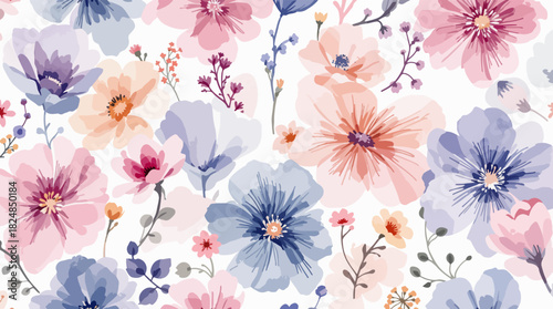Vintage floral watercolor vector pattern with pink blossoms, leaves, and summer flowers for seamless textile design
