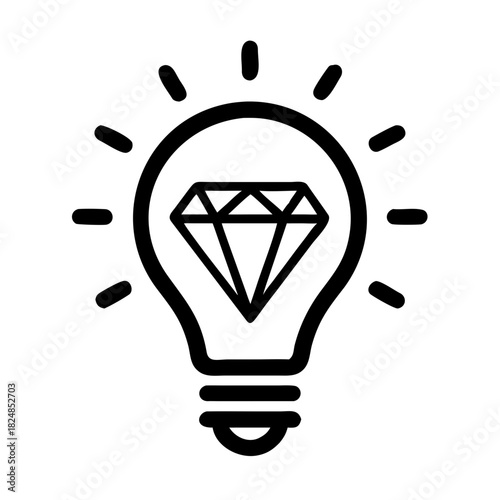 Illustration of a lightbulb with a diamond inside and radiating lines in black and white style