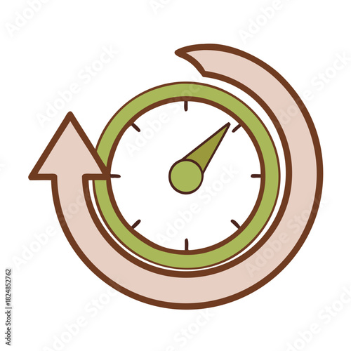 A clock with a green face and a tan arrow circling it indicating a return or refresh process flow icon