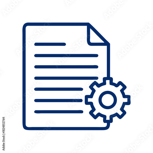 Blue outline of a document with lines and a gear icon indicating settings or configuration process